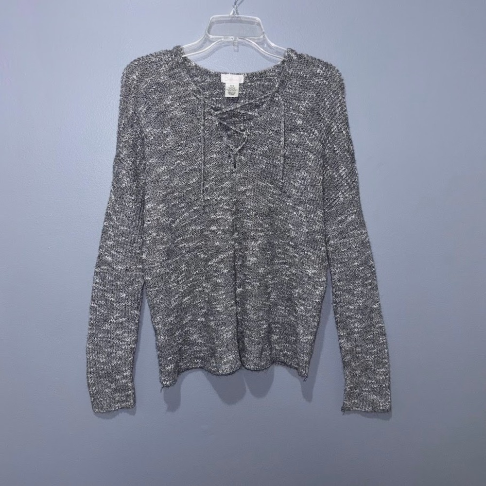 Trillium Sweater‎ Womens M Gray Cotton Blend Lace Up V-Neck Marled Boho Knit Top